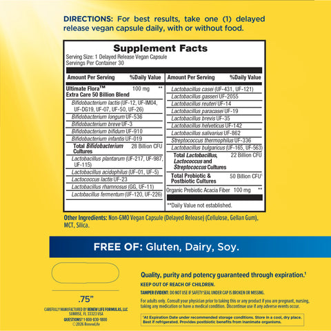 View 2 Supplement Facts for Ultimate Flora Extra Care, 50 Billion, 30 Vegetable Capsules.