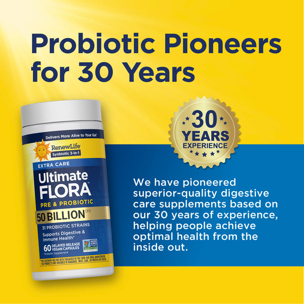 View 7 Probiotic pioneers graphic with a RenewLife Ultimate Flora bottle and a '30 Years Experience' badge.