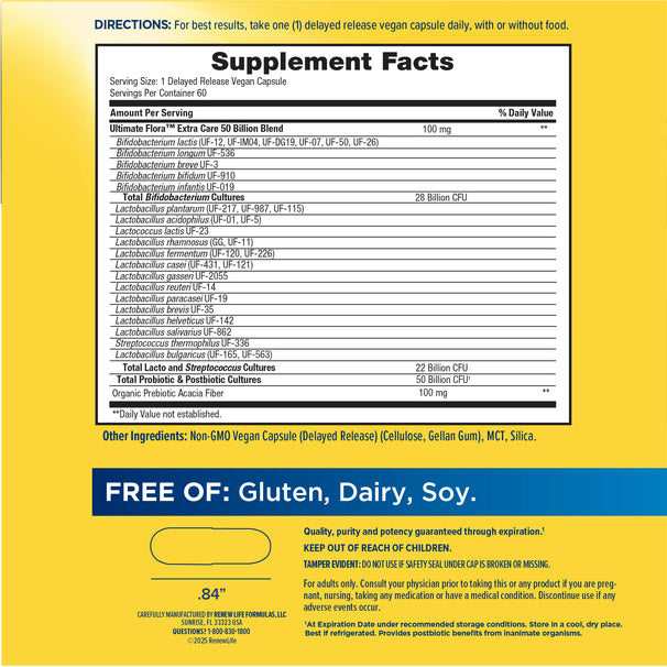 View 2 Supplement Facts panel for Ultimate Flora Extra Care 50 Billion 60 Vegetarian Capsules.