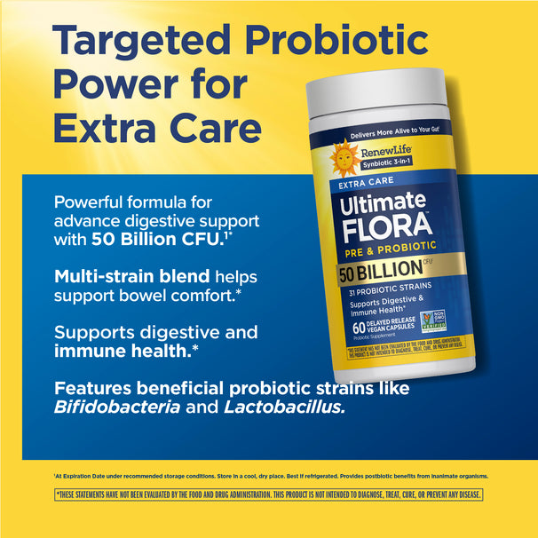 View 4 Targeted Probiotic Power for Extra Care. RenewLife Ultimate Flora Pre & Probiotic 50 Billion CFU, 60 Delayed Release Vegan Capsules.