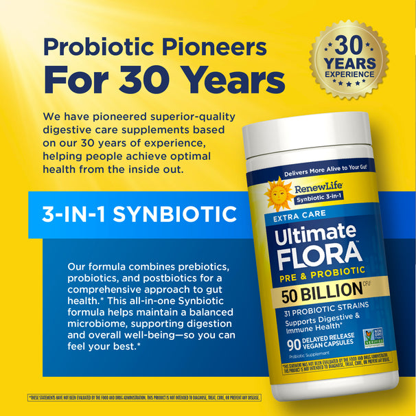 View 6 RenewLife Ultimate Flora Pre & Probiotic with 50 Billion CFU and 31 strains in 90 vegan capsules.