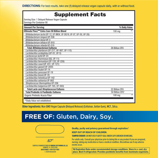 View 2 Supplement Facts label for Ultimate Flora Extra Care 50 Billion, 90 vegetarian capsules.
