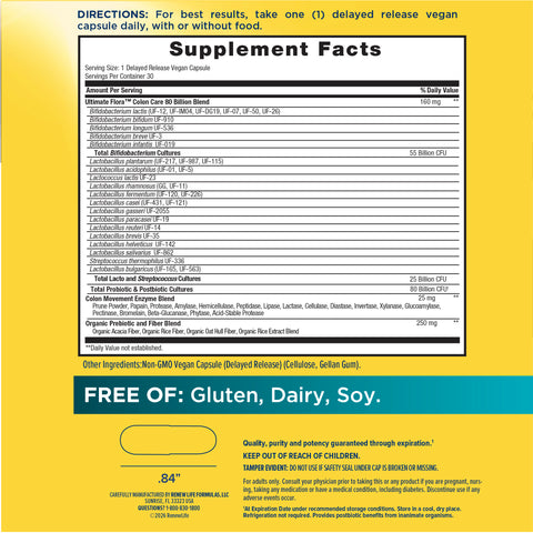 View 2 The Supplement Facts panel for RN Ult Flora Colon Care 80 Billion, containing 30 vegetable capsules.