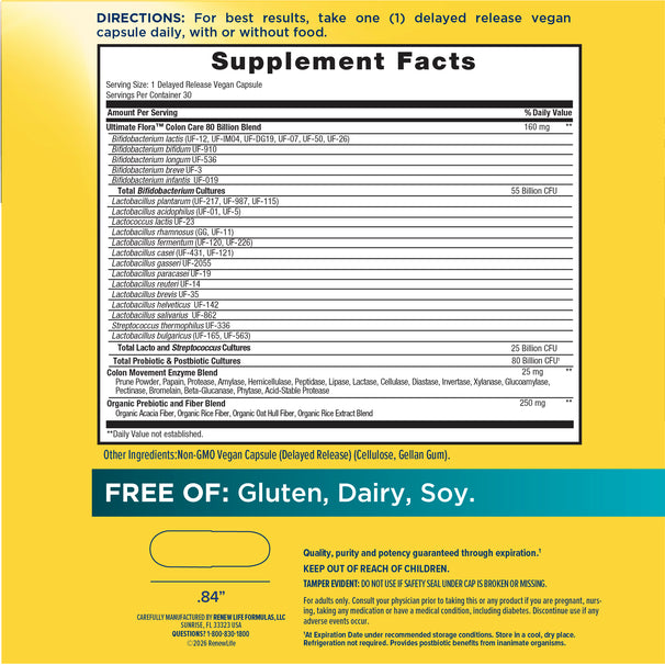 View 2 The Supplement Facts panel for RN Ult Flora Colon Care 80 Billion, containing 30 vegetable capsules.