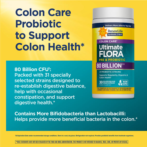 View 4 RenewLife Ultimate Flora Colon Care Pre and Probiotic with 80 Billion CFU, 30 Vegan Delayed Release Capsules.
