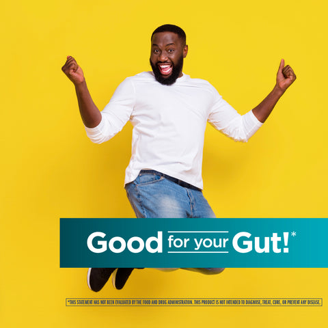 View 5 Young Black man jumping and smiling broadly with a blue and green banner stating 'Good for your Gut!'