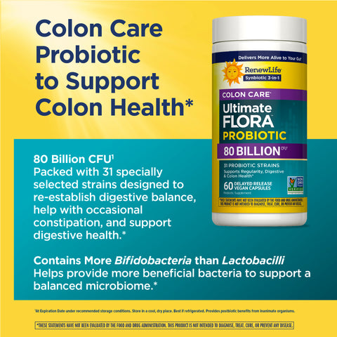 View 4 RenewLife Ultimate Flora Probiotic Colon Care offers 80 Billion CFU in 60 delayed-release vegan capsules.