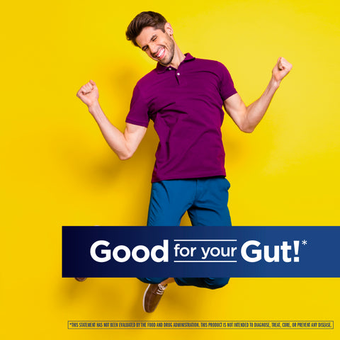 View 6 Young man jumping and smiling with a blue banner that reads 'Good for your Gut!' and a legal disclaimer below.