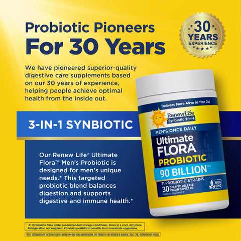 View 7 RenewLife Ultimate Flora Men's Probiotic features 90 Billion CFU, 31 strains, in 30 delayed release vegan capsules, Non GMO.