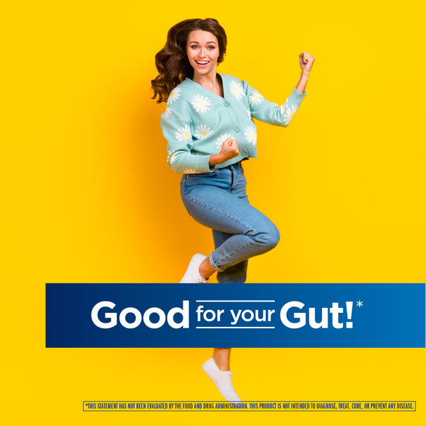 View 6 Young woman in a daisy cardigan smiles next to a banner with 'Good for your Gut!' text, conveying energetic positivity.
