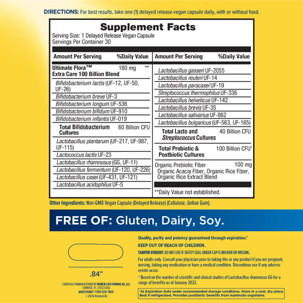 View 2 Supplement Facts for Ult Flora Extra Care 100 Billion 30 Veg Capsules displayed.