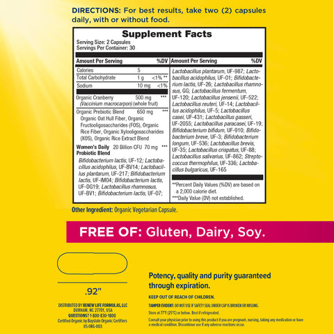View 2 Supplement Facts for Womens Daily Probiotic + Prebiotic, 60 Veg Capsules, displayed.