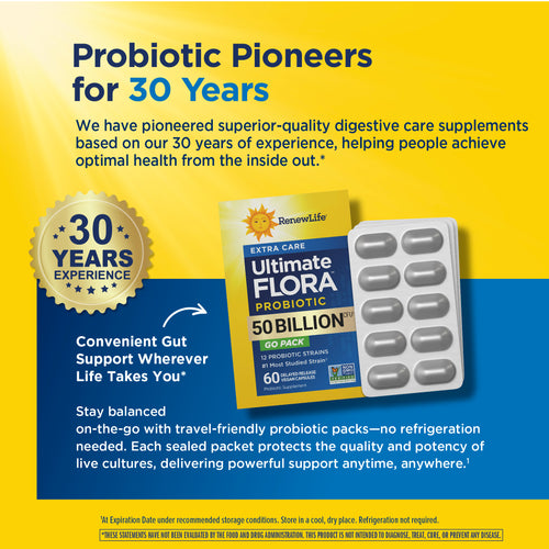 View 7 Ultimate Flora Probiotique Extra Soin 50 Milliards GO PACK, 60 Gélules Végétaliennes à Libération Retardée