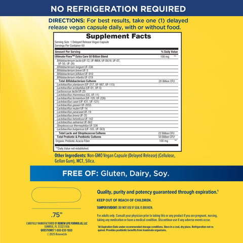 View 2 Supplement Facts panel for Ult Flora Extra Care 50 Billion GO PACK 60 Veg Caps.