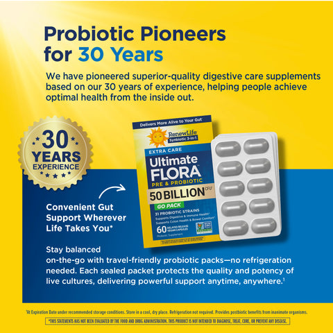 View 7 Product highlights graphic stating 30 Years Experience. RenewLife Ultimate Flora 50 Billion CFU, travel packs, no refrigeration.