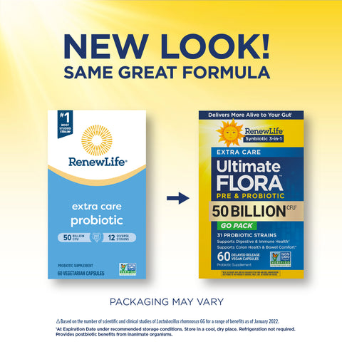 View 3 RenewLife Ultimate Flora Extra Care Probiotic, 50 Billion CFU, 60 Vegan Capsules. New look, same trusted formula.