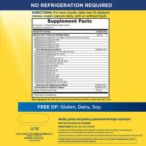 View 2 Supplement Facts panel for RN Ult Flora Extra Care 50 Billion GO PACK, 60 vegetable capsules.