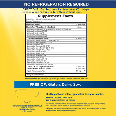 View 2 Image showing the Supplement Facts panel for Ultimate Flora Extra Care 50 Billion.