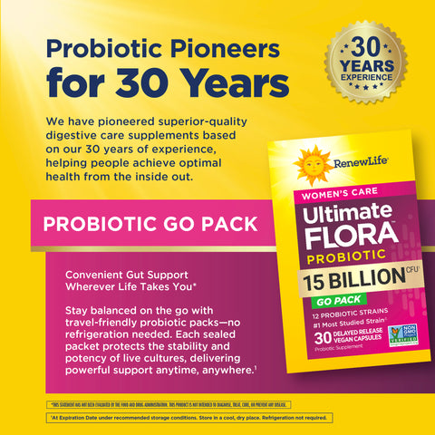 View 6 RenewLife Ultimate Flora Women's Care Probiotic, 15 Billion CFU, 30 vegan capsules, travel-friendly, no refrigeration needed.