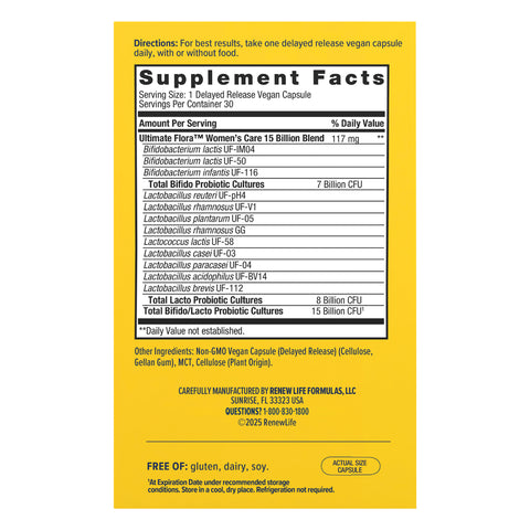 View 2 Supplement Facts panel for RN Ult Flora Women's GOPACK with 15 Billion CFU in 30 Veg Capsules.