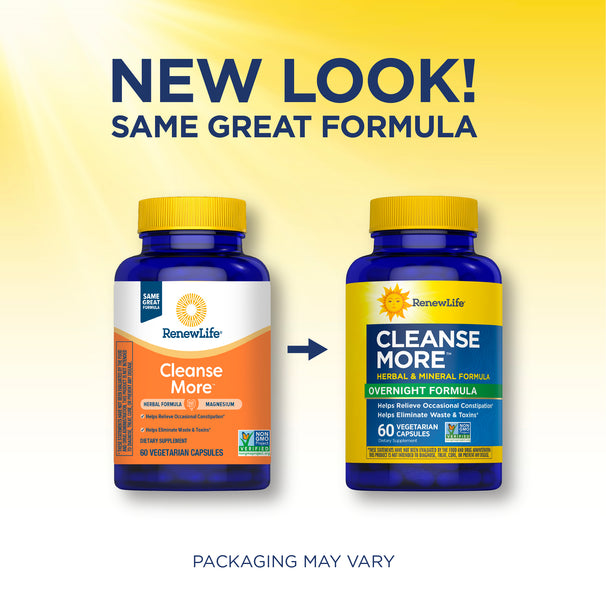 View 3 Cleanse More 60 Vegetarian Capsules displayed in old and new packaging with a note: 'NEW LOOK! SAME GREAT FORMULA'.
