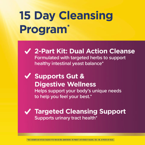 View 4 Product highlights graphic stating 2-Part Dual Cleanse for yeast balance, digestive wellness, and targeted cleansing for urinary health.