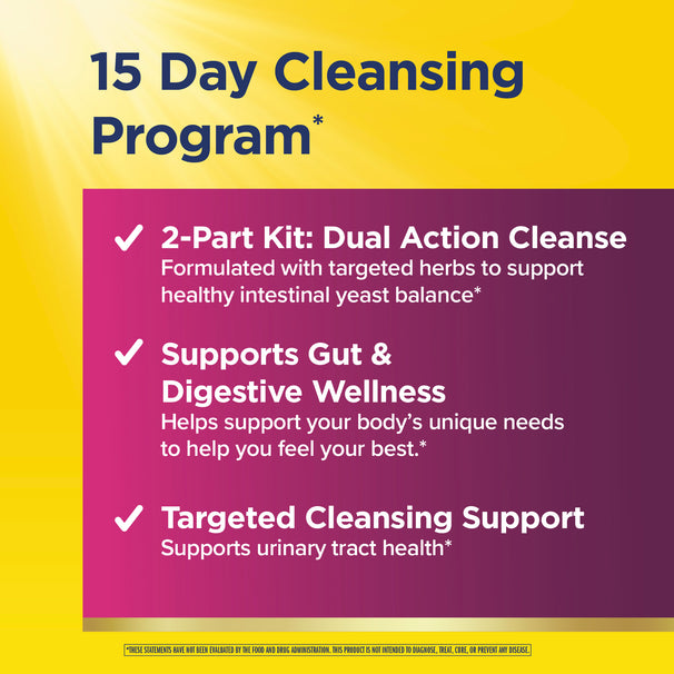 View 4 Product highlights graphic stating 2-Part Dual Cleanse for yeast balance, digestive wellness, and targeted cleansing for urinary health.