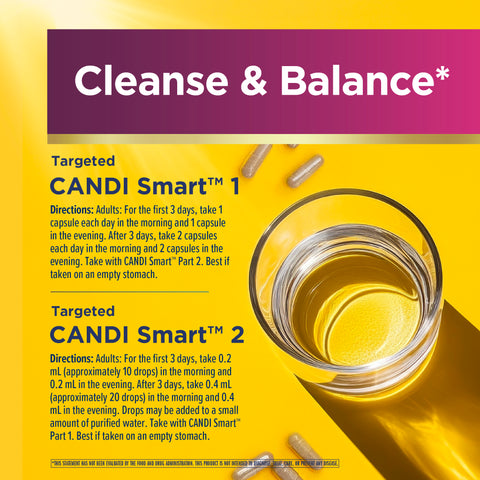 View 5 Infographic stating 'Cleanse & Balance' with dosage directions for Candi Smart capsules and liquid drops on an empty stomach.