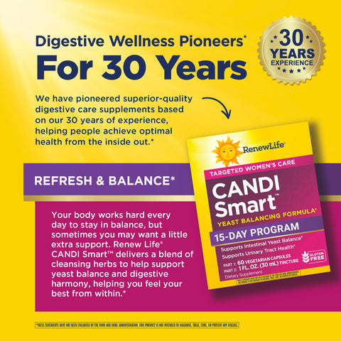 View 7 RenewLife Candi Smart 2-Part 15-Day Yeast Balancing Program. Supports intestinal and urinary tract health. Gluten free.