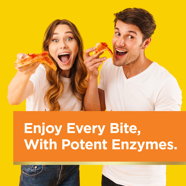 View 6 Young man and woman enjoying pizza, with a graphic saying 'Enjoy Every Bite, With Potent Enzymes'.