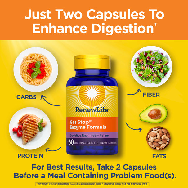 View 4 RenewLife Gas Stop Enzyme Formula with Digestive Enzymes and Fennel, providing 60 vegetarian capsules for digestion support.