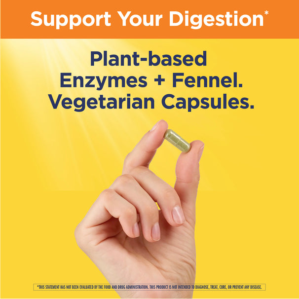 View 5 Graphic with text 'Support Your Digestion*' and 'Plant-based Enzymes + Fennel. Vegetarian Capsules'. Hand holds a green capsule.