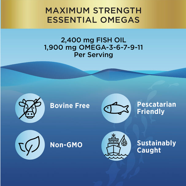 View 5 Fish Oil: 2400mg Omegas, Bovine-Free, Pescatarian, Non-GMO, Sustainable Catch.