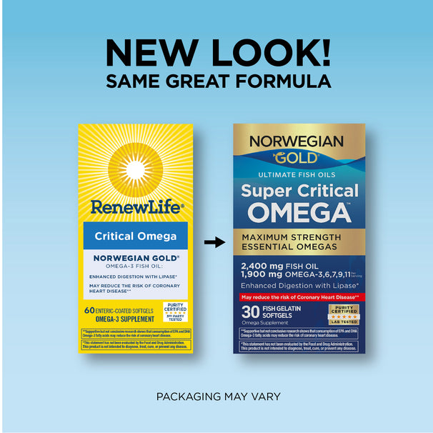 View 3 Norwegian Gold Super Critical Omega 30 Softgels. New packaging shown with former packaging, same great formula.