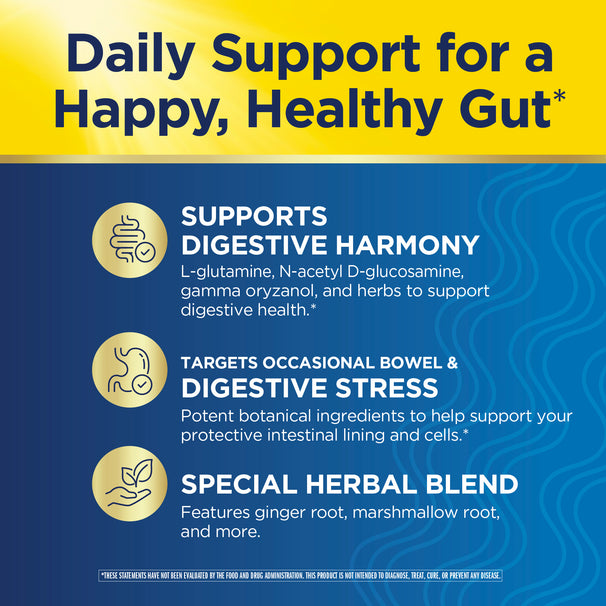 View 4 Product highlights graphic stating SUPPORTS DIGESTIVE HARMONY, TARGETS OCCASIONAL BOWEL & DIGESTIVE STRESS, SPECIAL HERBAL BLEND