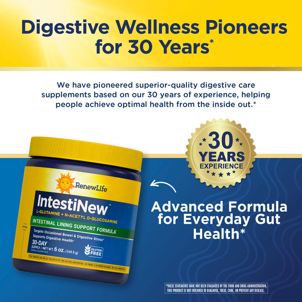 View 6 IntestiNew Powder with L-Glutamine and N-Acetyl D-Glucosamine supports intestinal lining, 6 oz (169.5 g) dietary supplement.