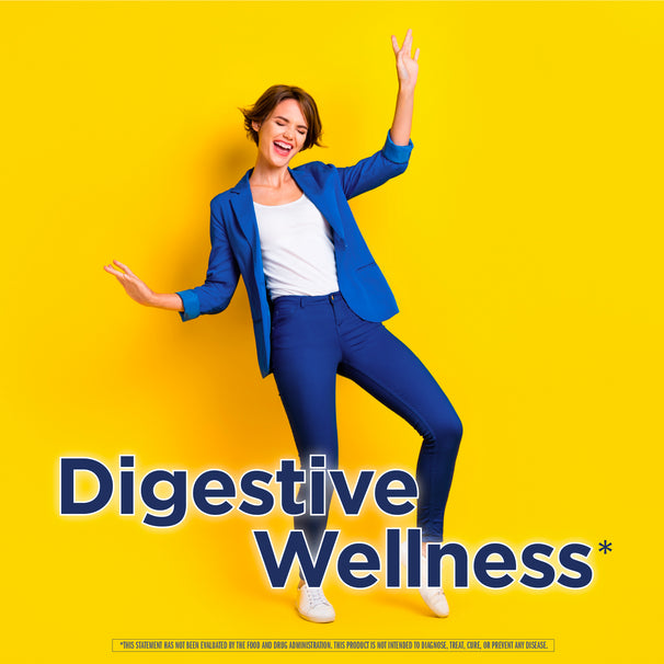 View 5 RN IntestiNew Powder: Energetic woman smiling and dancing, with 'Digestive Wellness' text overlay on a yellow background.