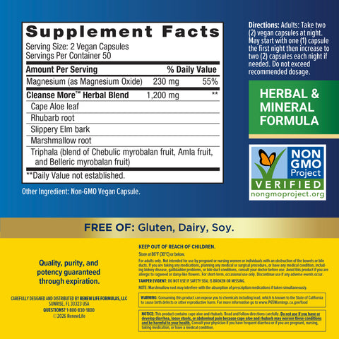 View 2 Supplement Facts panel for CleanseMore with 100 vegetarian capsules.