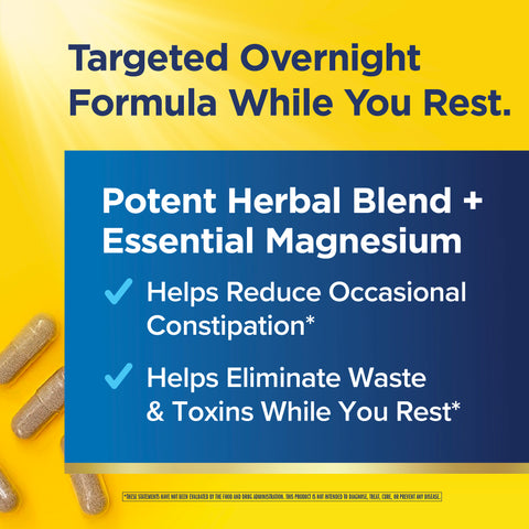 View 4 Product highlights graphic stating benefits: helps reduce occasional constipation, eliminate waste and toxins while you rest.
