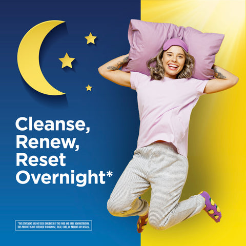 View 6 Young woman in pajamas joyfully jumps with pillow, next to graphic text 'Cleanse, Renew, Reset Overnight' for CleanseMore.