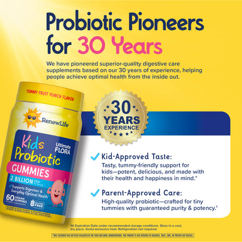 View 7 RenewLife Ultimate Flora Kids Probiotic Gummies with 2 Billion CFU, 60 vegan gummies, in a yummy fruit punch flavor.
