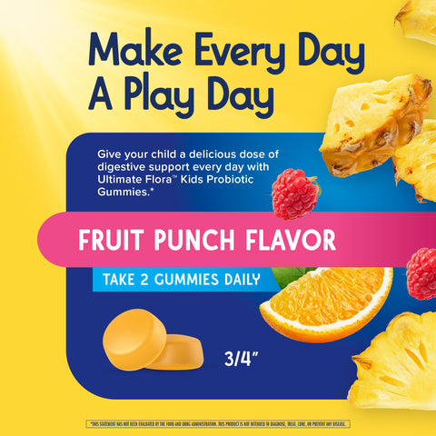 View 5 Ultimate Flora Kids Probiotic Gummies for digestive support, Fruit Punch Flavor. Take 2 daily. Each gummy is 3/4 inch.