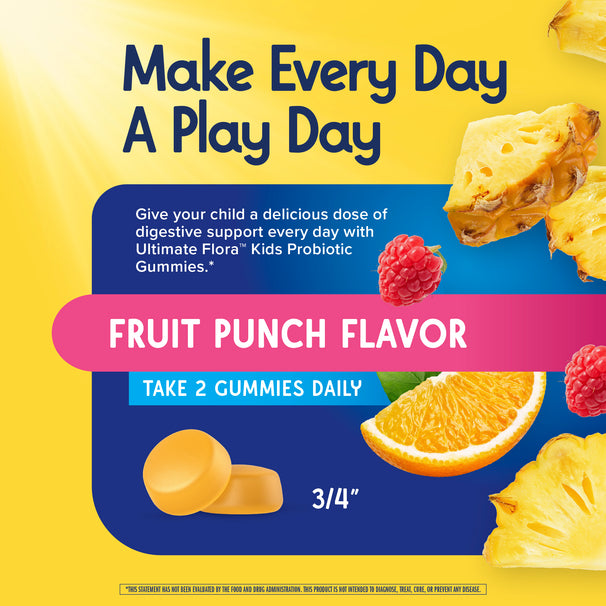 View 5 Ultimate Flora Kids Probiotic Gummies for digestive support, Fruit Punch Flavor. Take 2 daily. Each gummy is 3/4 inch.