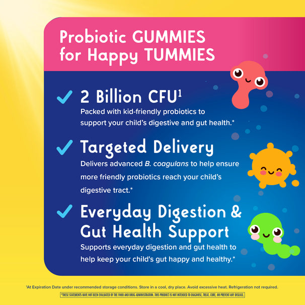 View 4 Product highlights graphic stating 2 Billion CFU kid-friendly probiotics, Targeted Delivery B. coagulans, Everyday Digestion & Gut Health.