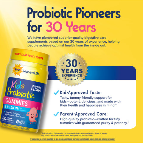 View 7 Product highlights graphic stating: 30 Years Probiotic Experience, Kid-Approved Taste, Parent-Approved Care, Supports Digestion, Vegan, Gluten Free.