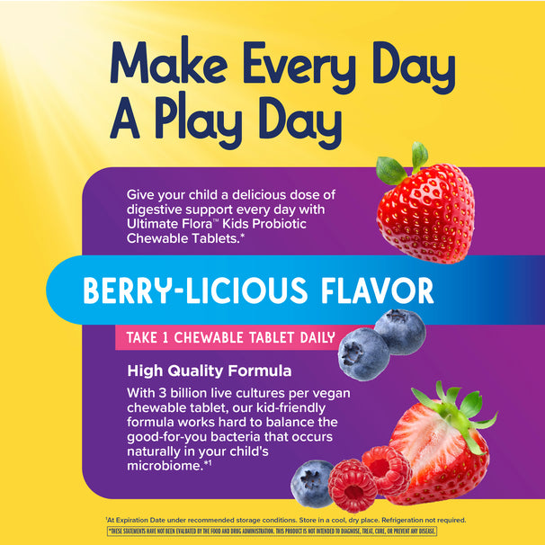 View 3 Product highlights graphic stating BERRY-LICIOUS FLAVOR, kids' digestive support, with 3 billion vegan live cultures for microbiome balance.