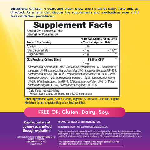 View 2 Supplement Facts label of RN Ult Flora Kids 3 Billion, showing details for 60 chewable tablets.