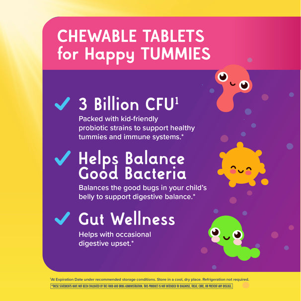 View 5 Product highlights graphic stating 3 Billion CFU¹ for tummy health, balances bacteria for digestion, and aids digestive upset.