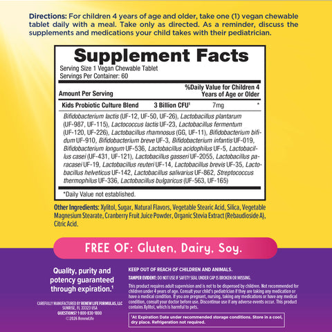 View 2 Supplement Facts for Renew Life Ultimate Flora Kids 3 Billion, 60 Chewable Tablets.