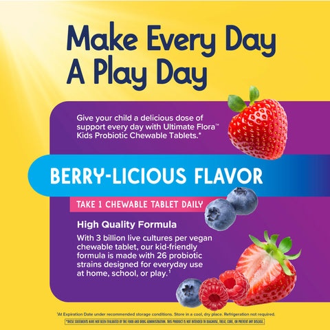 View 3 Product highlights graphic stating Ultimate Flora Kids Probiotic: BERRY-LICIOUS FLAVOR, 1 Daily, 3 billion cultures, 26 strains.